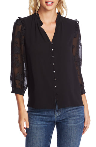 CeCe Women's Three Quarter Floral Jacquard Sleeve Top Gray Size Small