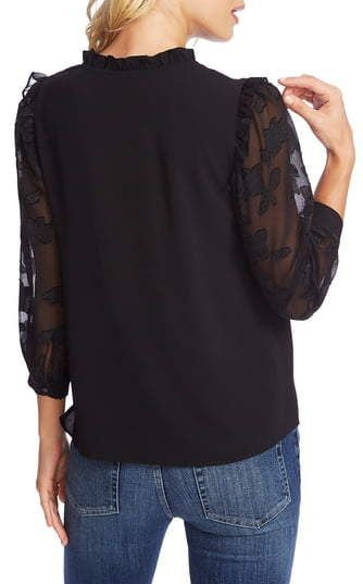 CeCe Women's Three Quarter Floral Jacquard Sleeve Top Gray Size Small