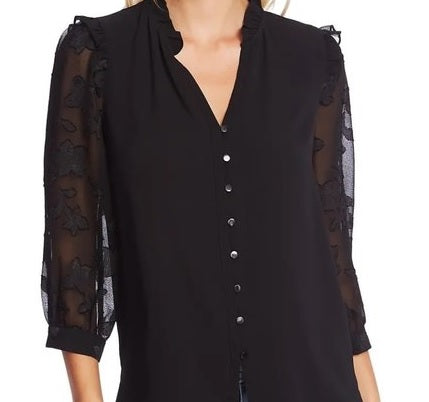 CeCe Women's Three Quarter Floral Jacquard Sleeve Top Gray Size Small