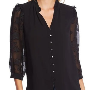 CeCe Women's Three Quarter Floral Jacquard Sleeve Top Gray Size Small