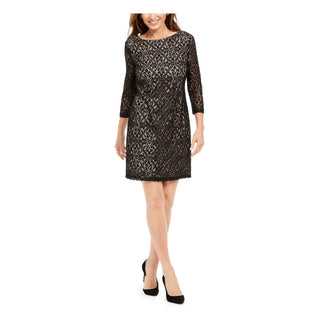 Jessica Howard Women's Sequined Lace 3/4 Sleeve Jewel Neck Short Wear To Work Sheath Dress Black  Size 14 P