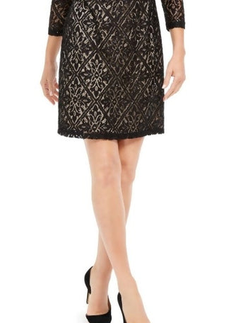 Jessica Howard Women's Sequined Lace 3/4 Sleeve Jewel Neck Short Wear To Work Sheath Dress Black  Size 14 P