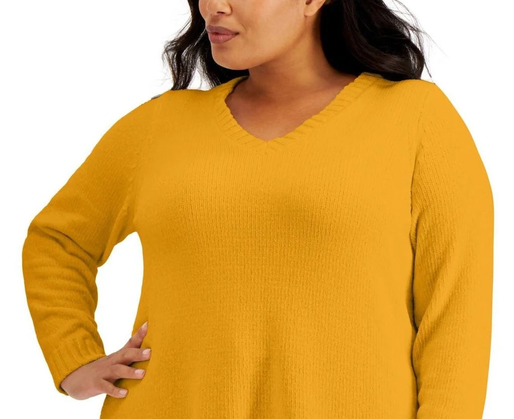 Karen Scott Women's V-Neck Chenille Sweater Golden Size X-Small