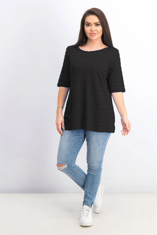 Charter Club Women's Cotton Texture-Striped Elbow-Sleeve Top Black Size Large