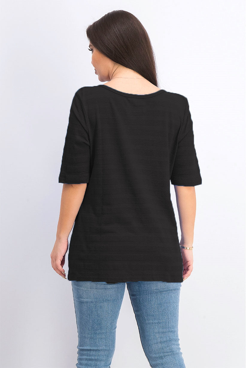 Charter Club Women's Cotton Texture-Striped Elbow-Sleeve Top Black Size Large