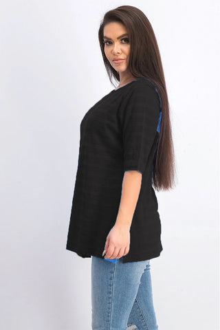 Charter Club Women's Cotton Texture-Striped Elbow-Sleeve Top Black Size Large