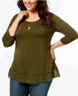 Style & Co Women's Petite Chiffon-Hem Top olive Size PP