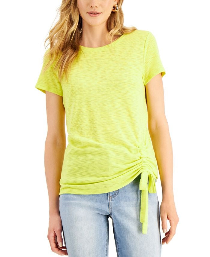 INC International Concepts Women's Side Ruched T-Shirt Yellow Size PL