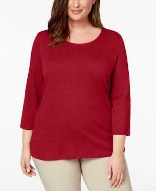Karen Scott Women's Cotton Scoop Neck 3/4 Sleeve Top Red Size Petite L