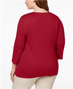 Karen Scott Women's Cotton Scoop Neck 3/4 Sleeve Top Red Size Petite L