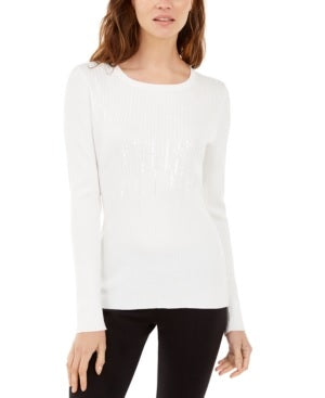 INC International Concepts Women's Sweater Crew Neck Drip Sequins Pullover White -Size X-Large