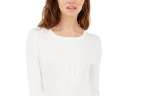INC International Concepts Women's Sweater Crew Neck Drip Sequins Pullover White -Size X-Large