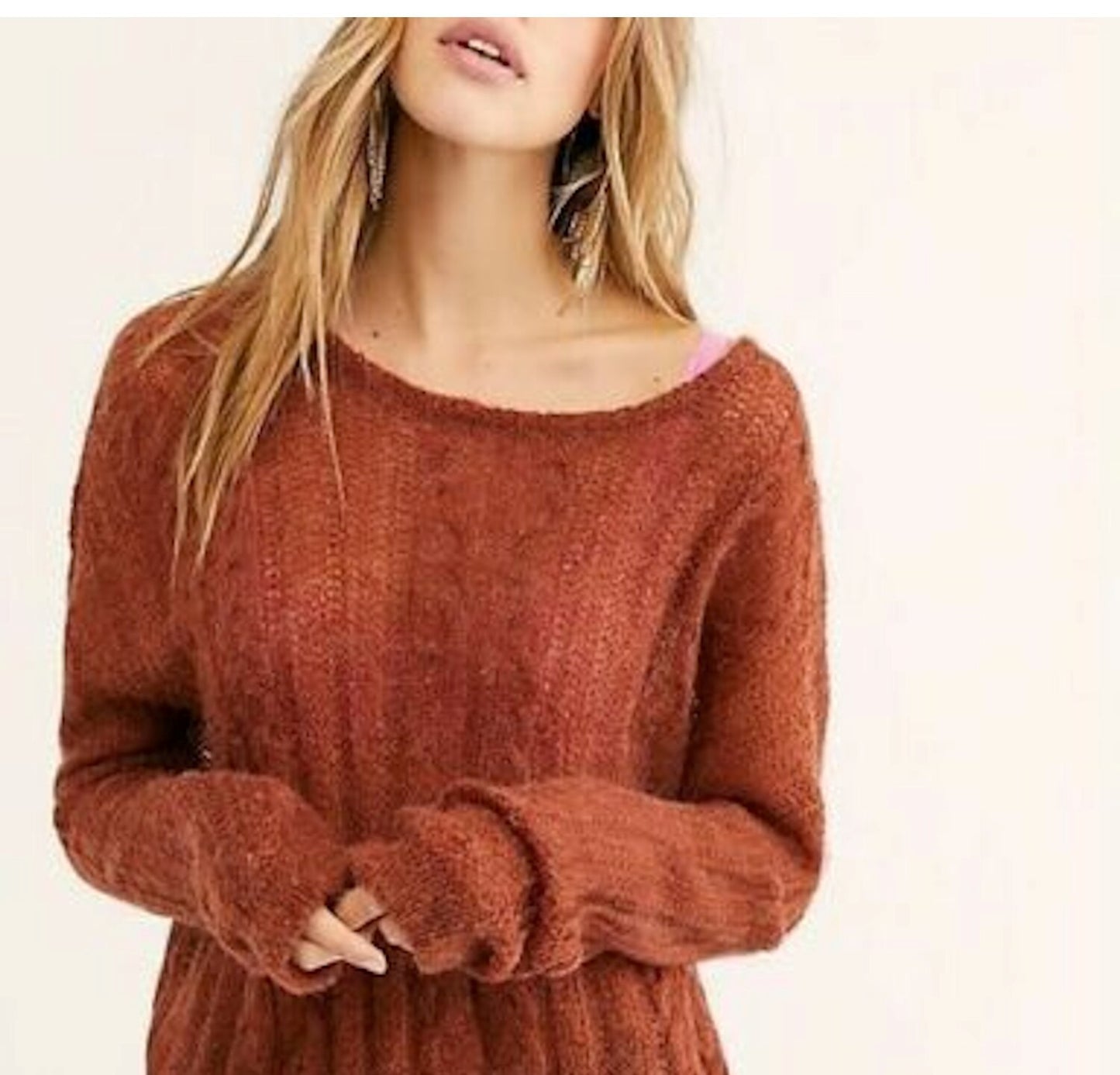 Free People Women's Long Sleeve Scoop Neck Top Brown Size Small