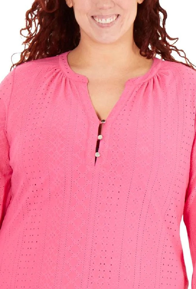 NY Collection Women's Plus Embroidered Balloon Sleeve Top Pink Size 2X
