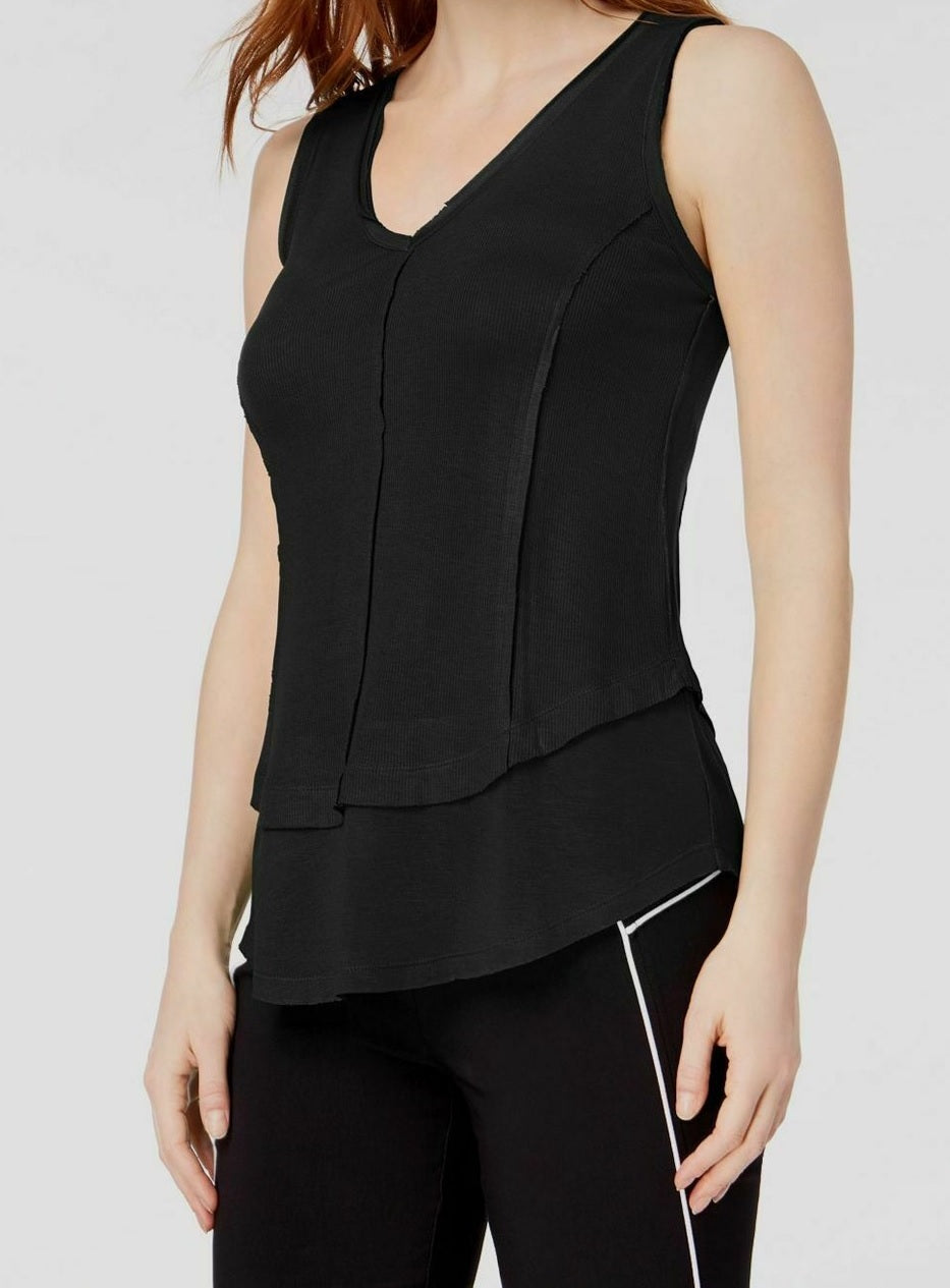 Bar III Women's Ribbed Layered Look V Neck Top Deep Black Size XXS