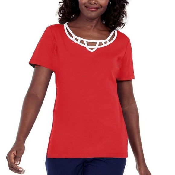Karen Scott Women's Cotton Lattice Trim Top Red Size Small