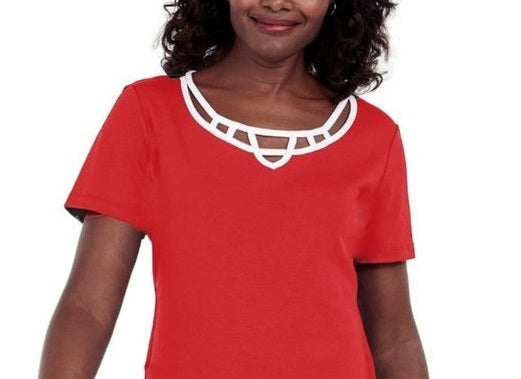 Karen Scott Women's Cotton Lattice Trim Top Red Size Small