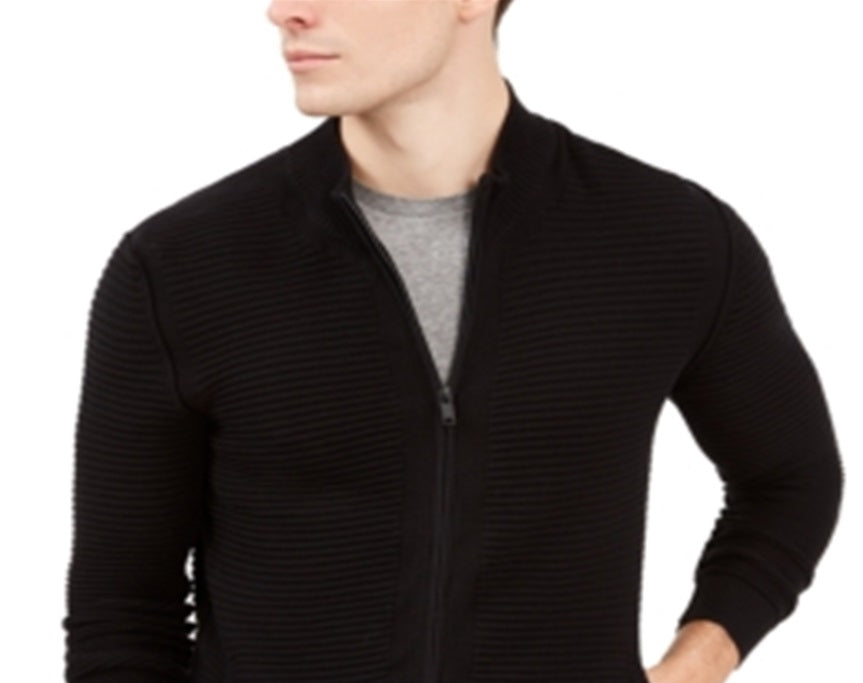 Alfani Men's Sweater Jet Textured Zip Front Cardigan Black Size XX-Large