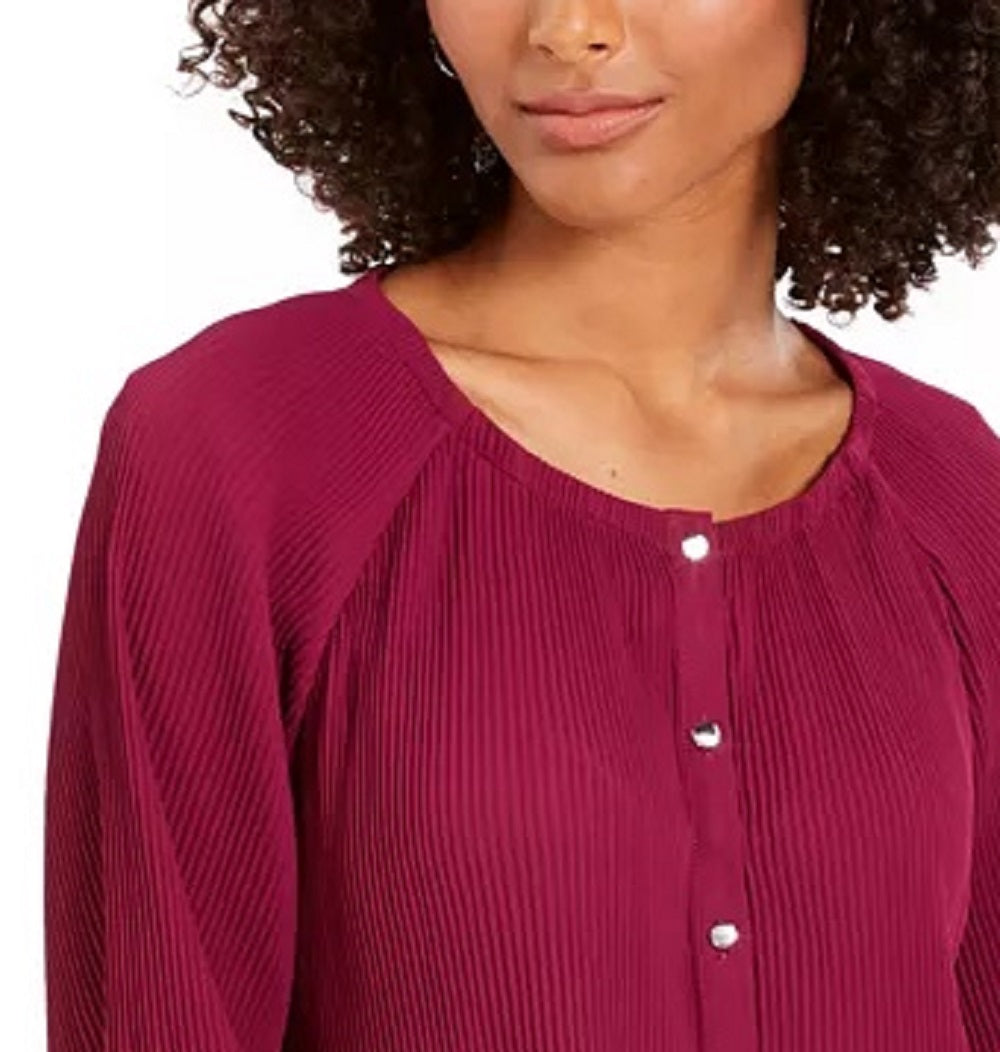 NY Collection Women's Pleated Button Front Bell Sleeve Top Red Size PXS