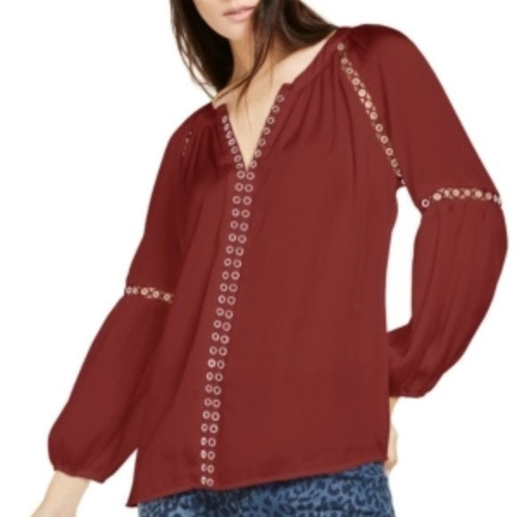 INC International Concepts Women's Grommet Trim Peasant Blouse Dark Red Size Small