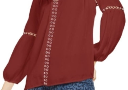 INC International Concepts Women's Grommet Trim Peasant Blouse Dark Red Size Small
