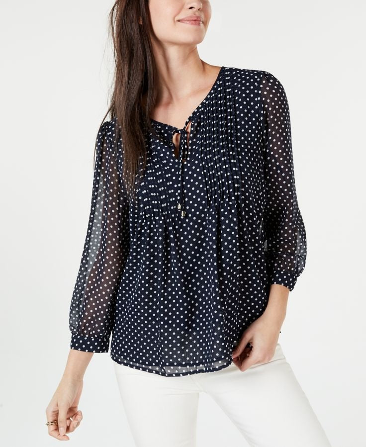 Tommy Hilfiger Women's Long Sleeve Bayview Dot Pintuck Top Blue/White Size Large