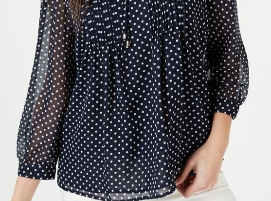 Tommy Hilfiger Women's Long Sleeve Bayview Dot Pintuck Top Blue/White Size Large