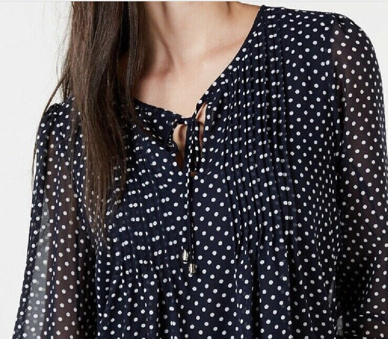 Tommy Hilfiger Women's Long Sleeve Bayview Dot Pintuck Top Blue/White Size Large