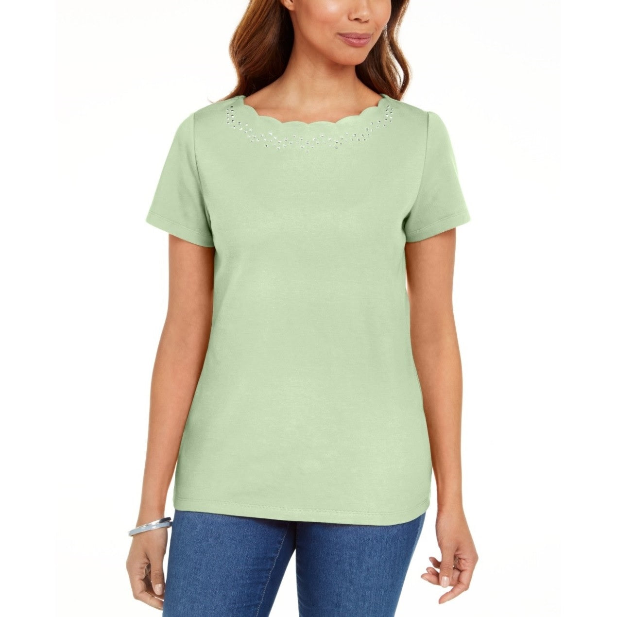 Karen Scott Women's Cotton Scalloped Neck T-Shirt Green  Size Medium