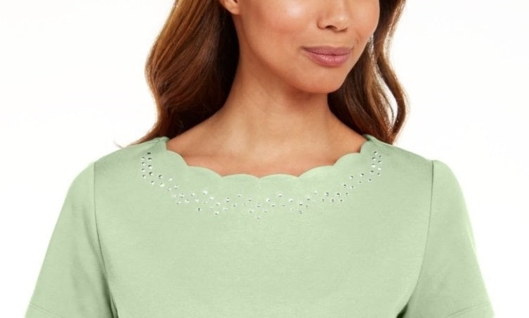 Karen Scott Women's Cotton Scalloped Neck T-Shirt Green  Size Medium