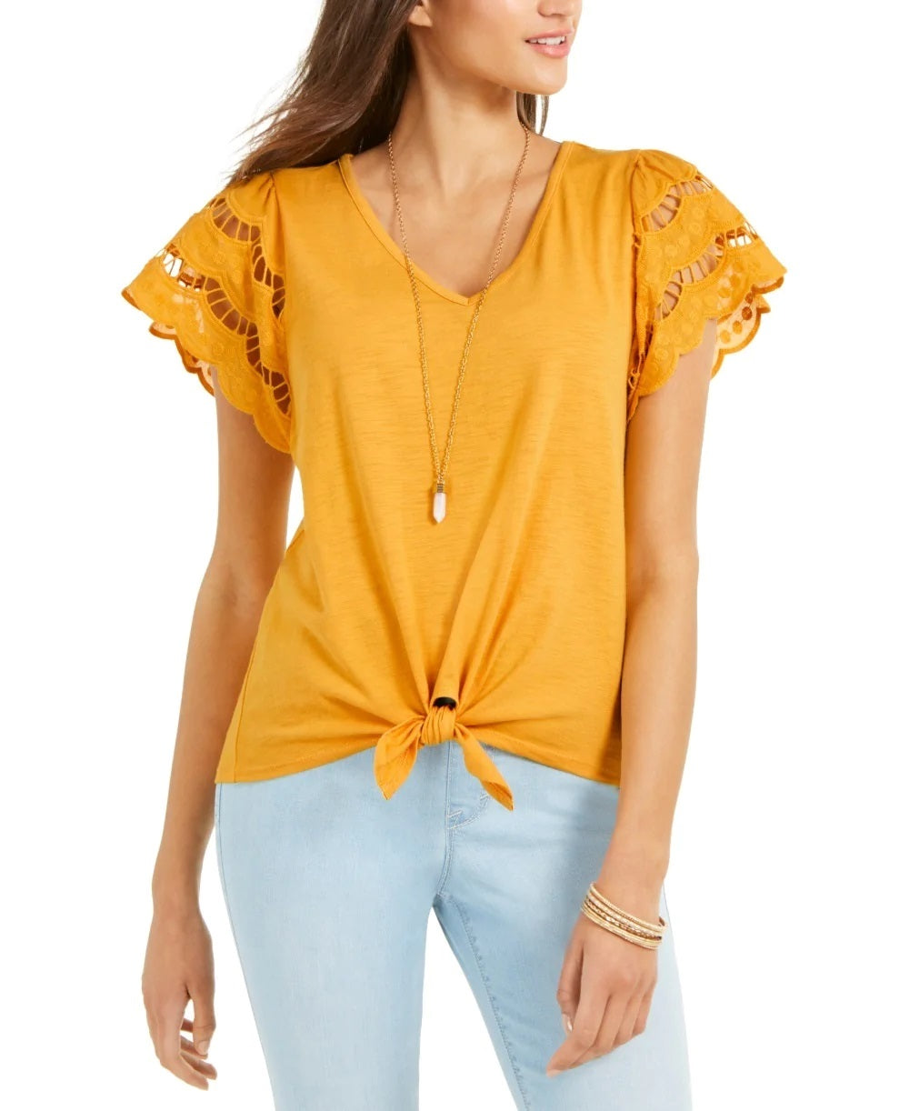 Style & Co Women's Eyelet Sleeve Tie Front Top Yellow Size Medium