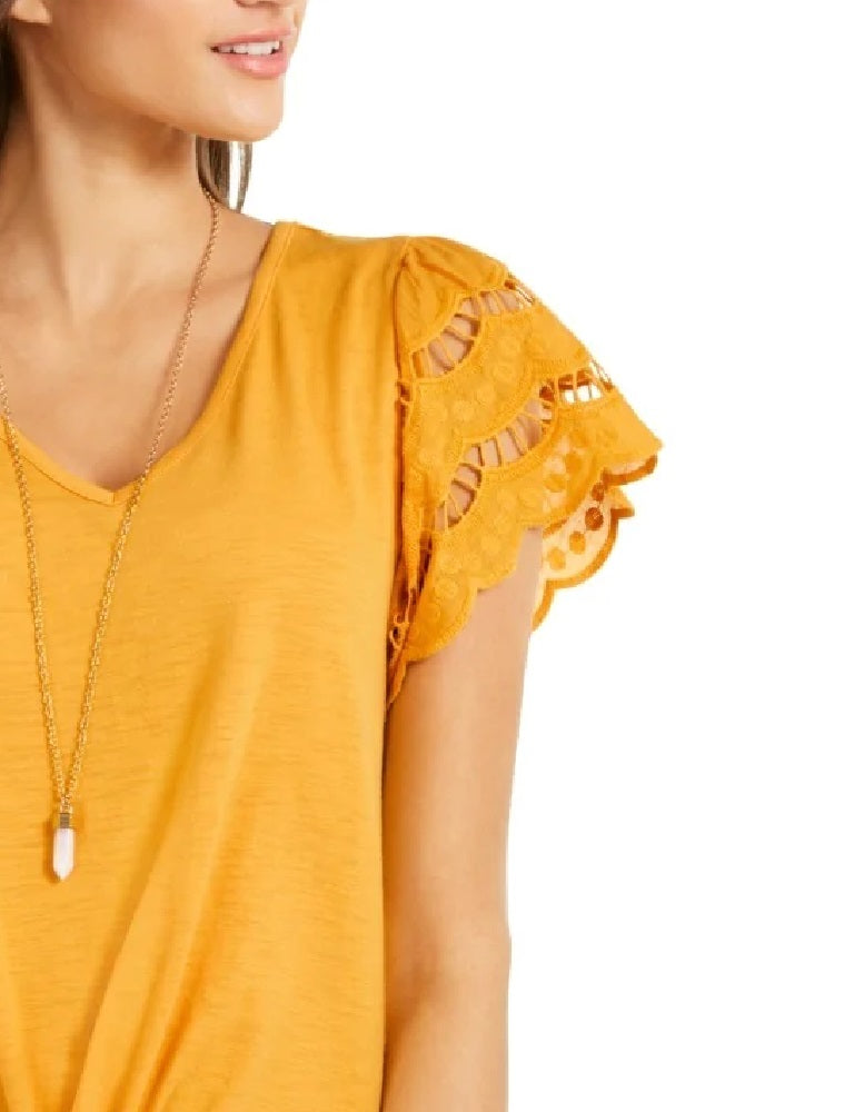Style & Co Women's Eyelet Sleeve Tie Front Top Yellow Size Medium