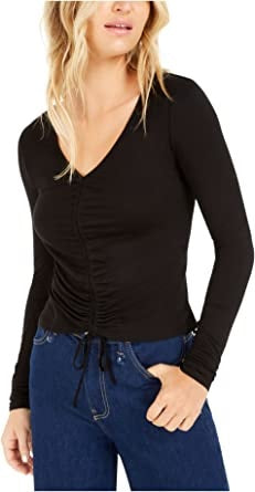 Bar III Women's Ruched Front V Neck Top Black  Size S