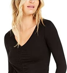 Bar III Women's Ruched Front V Neck Top Black  Size S
