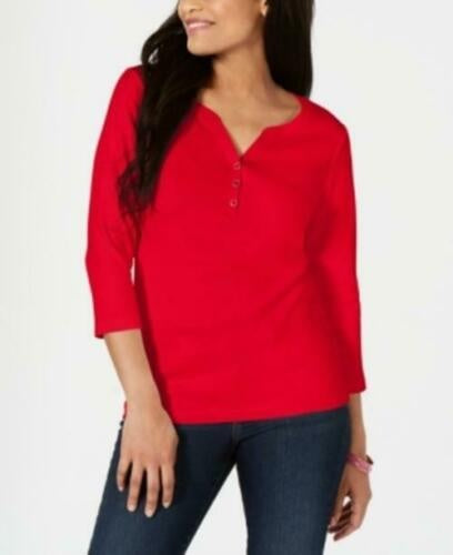 Karen Scott Women's Cotton Henley Top Red Size PXL