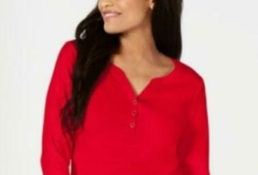 Karen Scott Women's Cotton Henley Top Red Size PXL