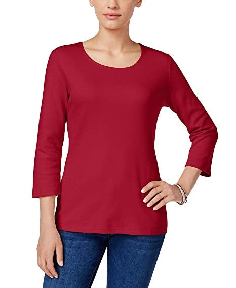Karen Scott Women's Cotton Scoop Neck 3/4 Sleeve Top Red Size Petite Small