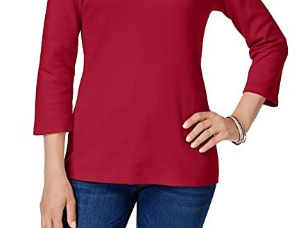 Karen Scott Women's Cotton Scoop Neck 3/4 Sleeve Top Red Size Petite Small