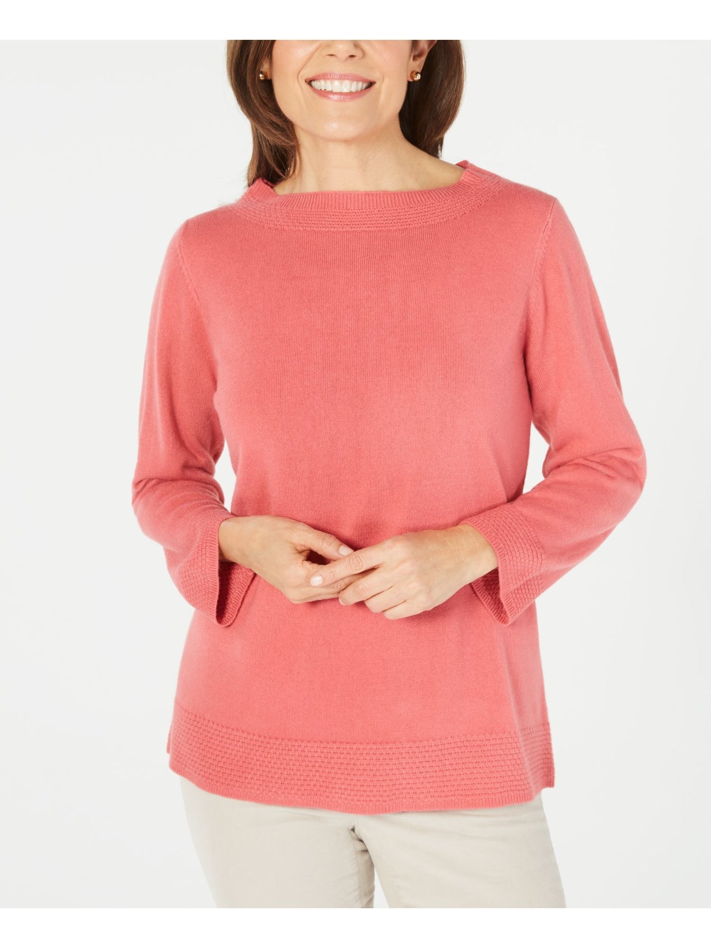 Karen Scott Women's Ribbed Printed Long Sleeve Crew Neck Blouse Top Pink Size Size Petite L
