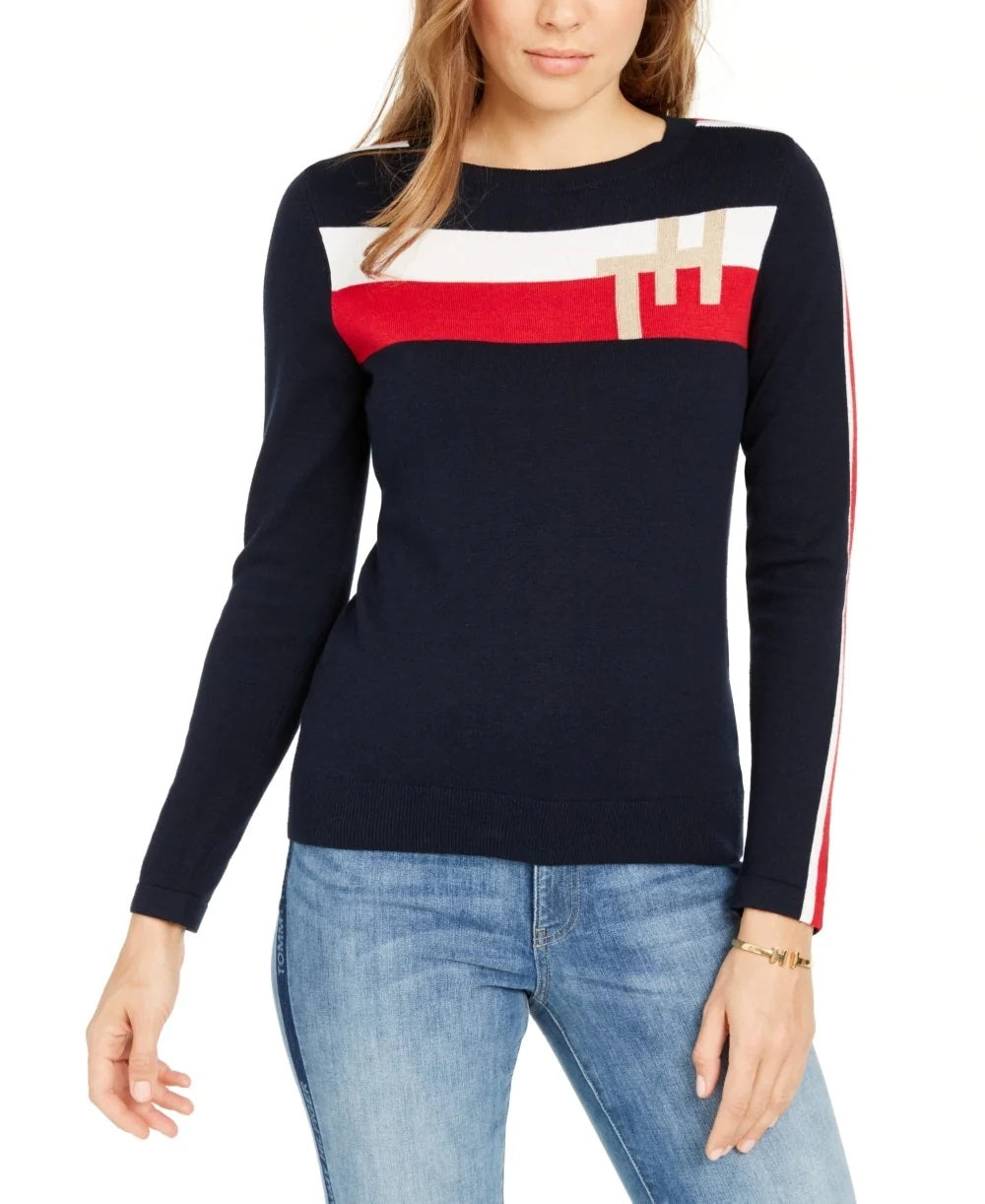 Tommy Hilfiger Women's Colorblocked Stripe Th Sweater Navy Size X-Small