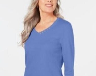 Karen Scott Women's Cotton Button Trim Top Blue  Size Medium