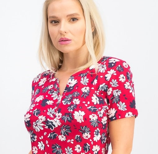 Karen Scott Women's Liberty Daisy Printed Henley Top Red/Blue  Size Petite Small