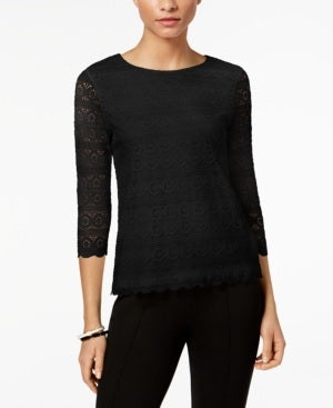 Charter Club Women's Petite Lace 3/4-Sleeve Top Black Size XL