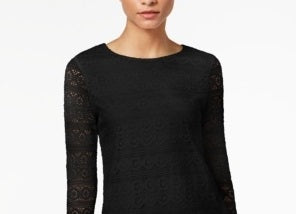 Charter Club Women's Petite Lace 3/4-Sleeve Top Black Size XL