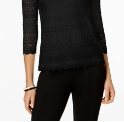 Charter Club Women's Petite Lace 3/4-Sleeve Top Black Size XL
