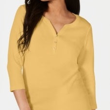 Karen Scott Women's Cotton Henley Top Yellow Size XL