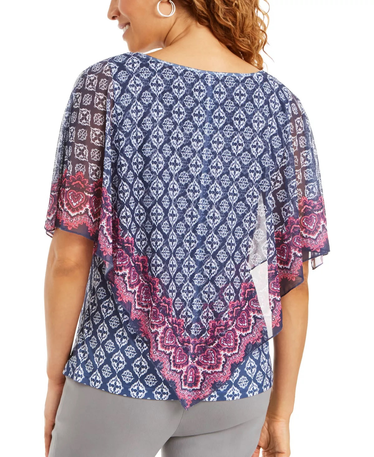 Jm Collection Printed Cold-Shoulder Tunic Top Blue Size 2XL