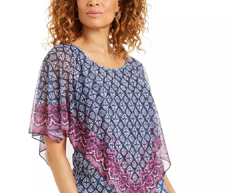 Jm Collection Printed Cold-Shoulder Tunic Top Blue Size 2XL