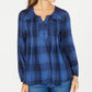Style & Co Women's Plaid Split-Neck Top Blue  Size Large