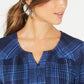 Style & Co Women's Plaid Split-Neck Top Blue  Size Large